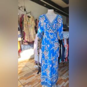 Flying Tomato Blue Floral Wrap-Style Maxi Dress